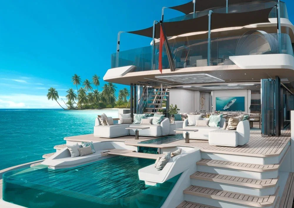 Luxurious aft lounge interior on the 43m Bahamas superyacht by Oceanteriors – perfect for elegant ocean-side living and relaxation