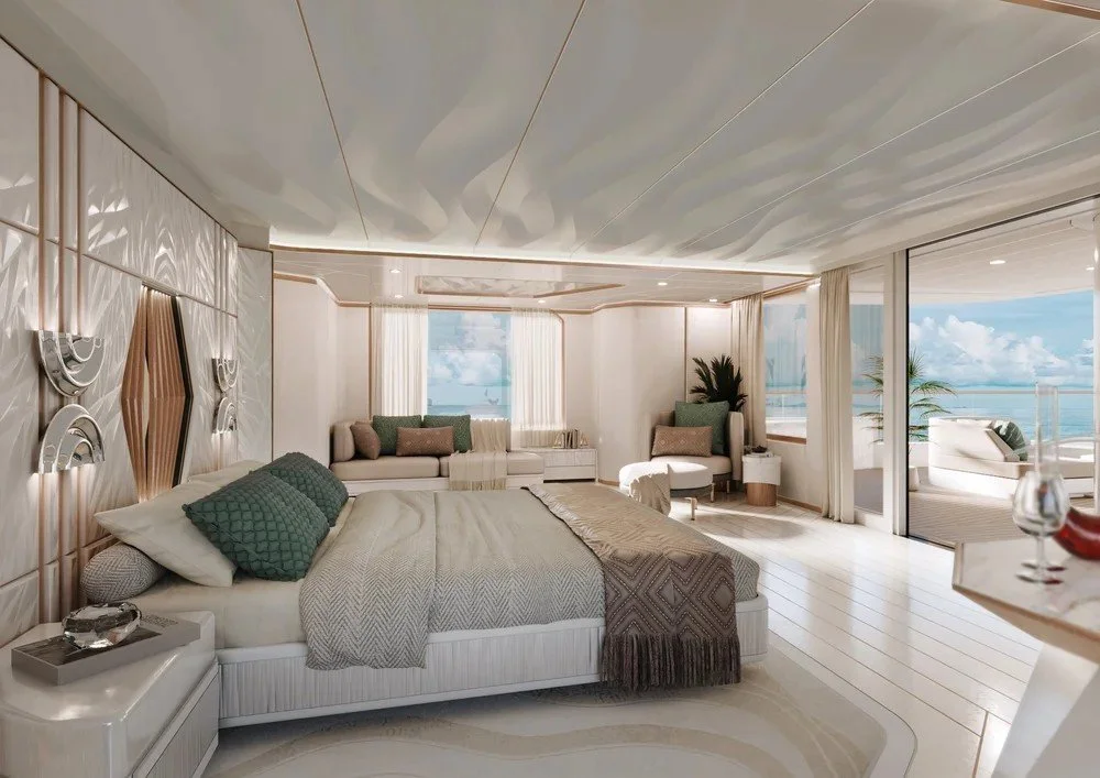 Side view of the luxurious bedroom interior on the 68m Samy superyacht by Oceanteriors – serene ocean-inspired comfort and elegance