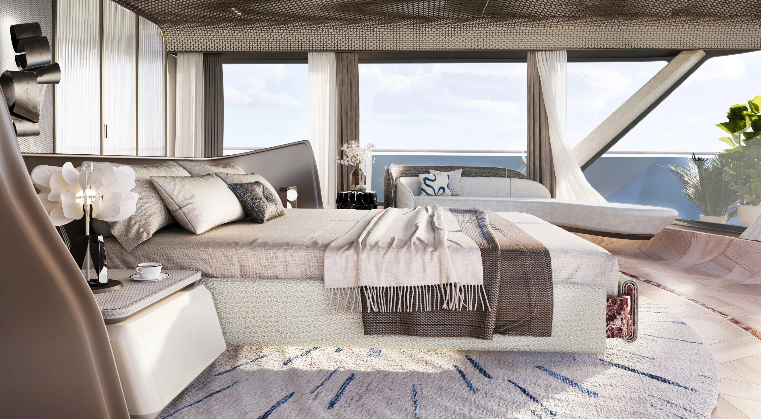 Right-side view of the luxury bedroom interior on the 80m Oceanco Lassel superyacht by Oceanteriors – refined detailing and elegant flow