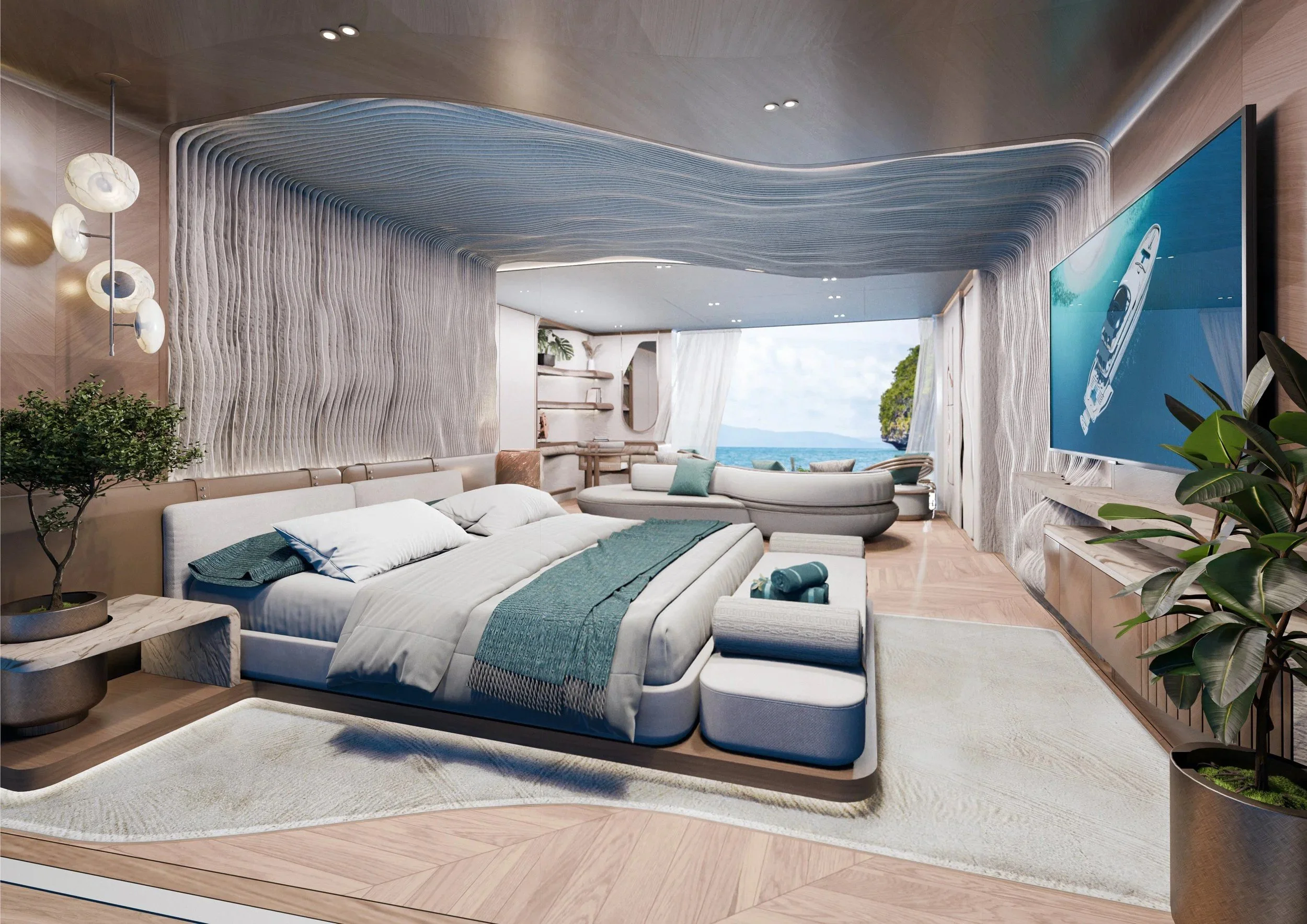 Luxurious bedroom interior on the 43m Bahamas superyacht designed by Oceanteriors – serene ocean-inspired comfort and timeless elegance