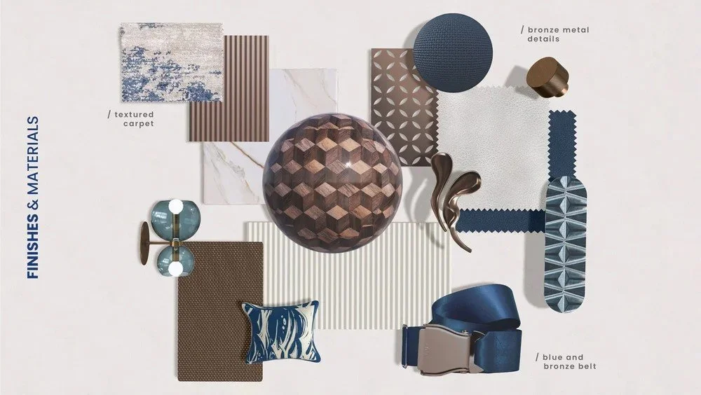 Interior design moodboard for the Falcon 7X luxury aircraft by Oceanteriors – creative process blending aviation and oceanic elegance