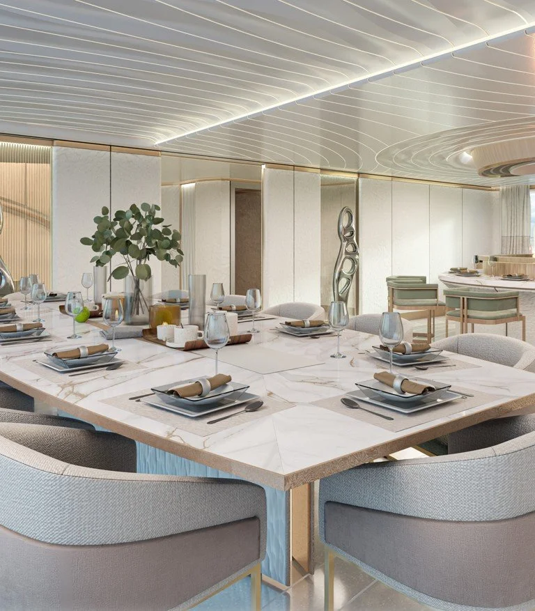 Elegant dining room interior on a 68m superyacht by Oceanteriors – timeless sophistication and meticulous attention to detail