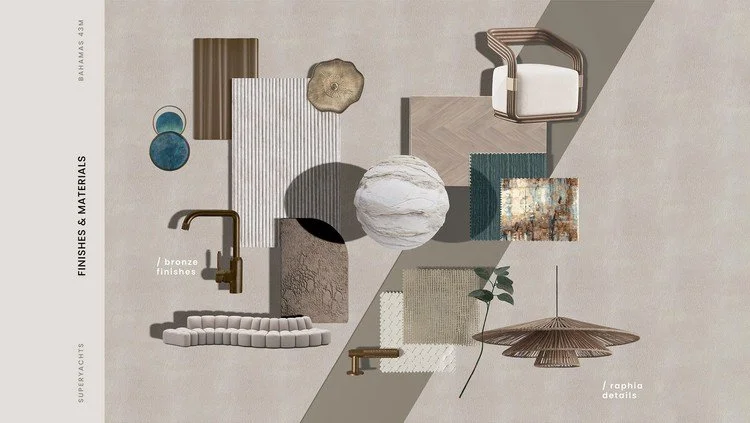 Interior design moodboard for the 43m Bahamas superyacht project by Oceanteriors – creative process for ocean-inspired luxury