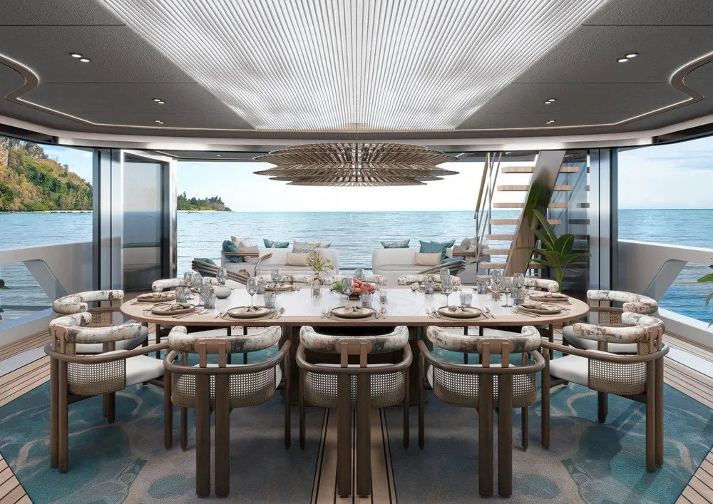 Luxury dining room interior on the 43m Bahamas superyacht by Oceanteriors – timeless sophistication and exceptional craftsmanship