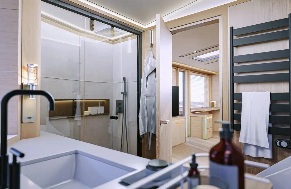 Luxurious bathroom interior on the 39m Polaris superyacht designed by Oceanteriors – sophisticated craftsmanship and oceanic inspiration