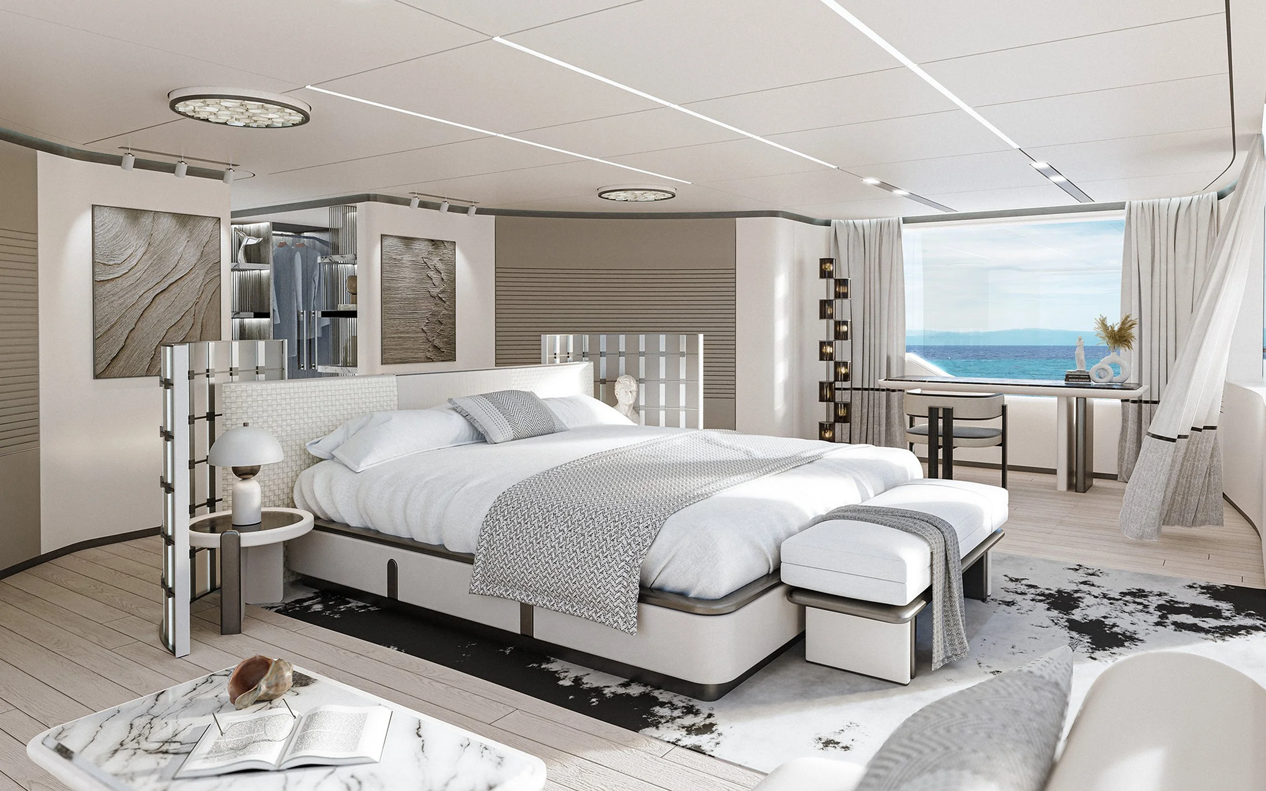 Luxurious bedroom interior on a 39m Power Cat superyacht designed by Oceanteriors – serene ocean-inspired comfort at sea