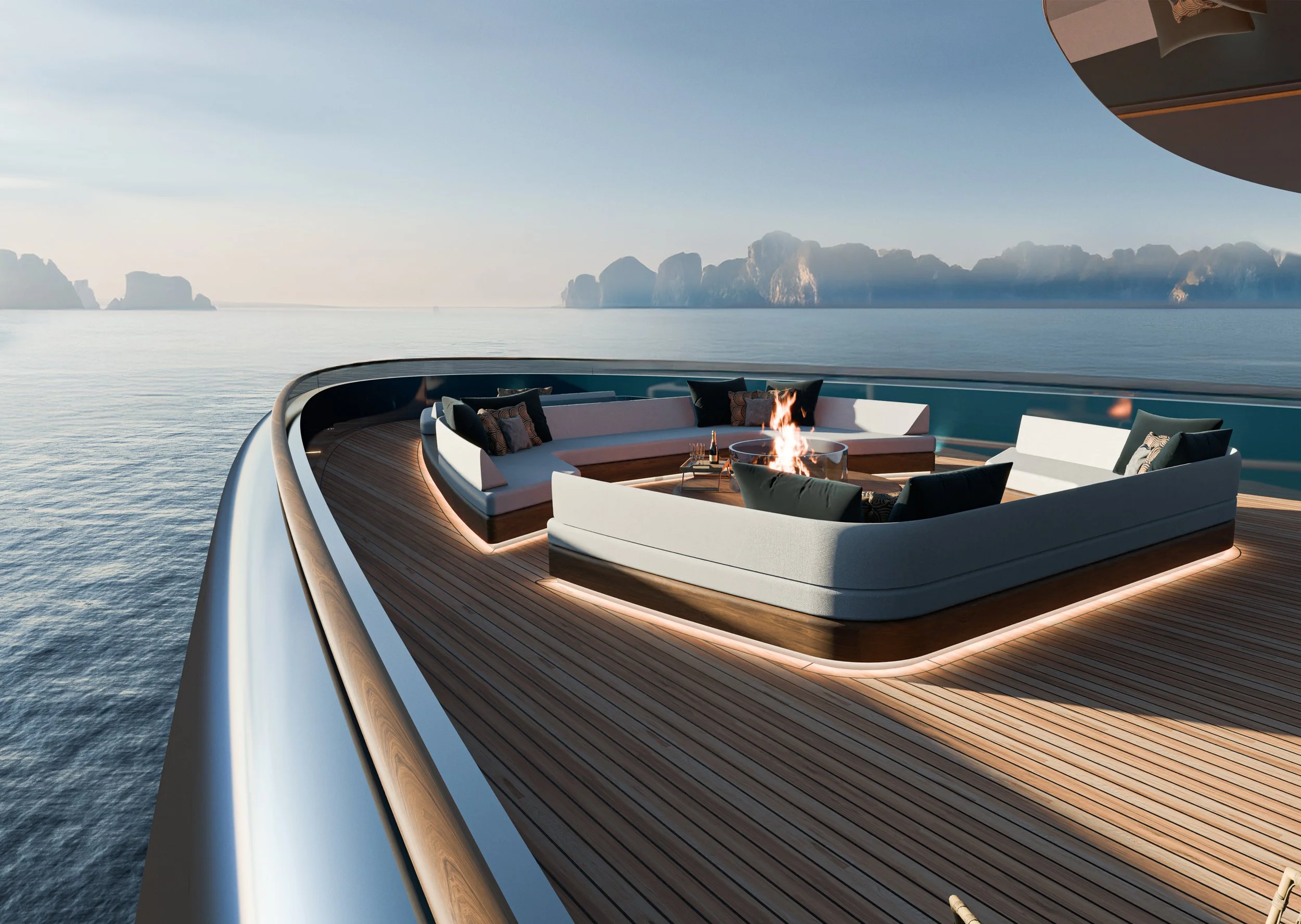 Luxury fire-pit lounge area on the 80m Oceanco Lassel superyacht by Oceanteriors – intimate ocean-inspired outdoor living