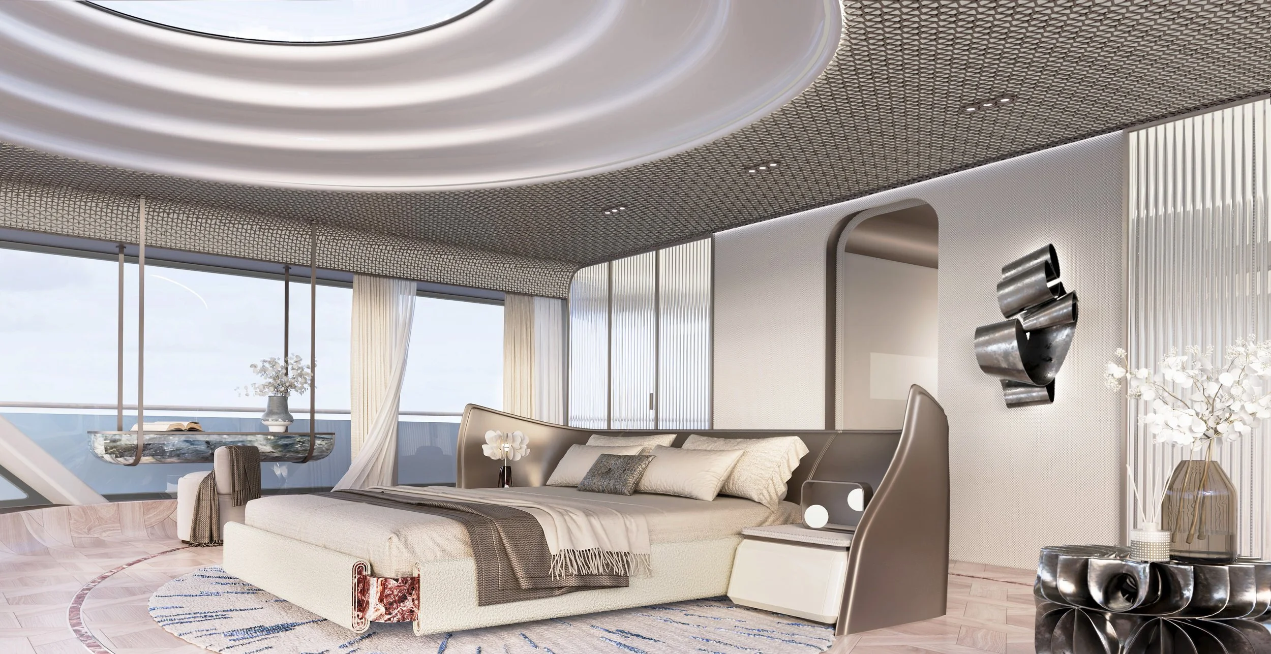 Left-side view of the luxury bedroom interior on the 80m Oceanco Lassel superyacht by Oceanteriors – refined detailing and elegant flow