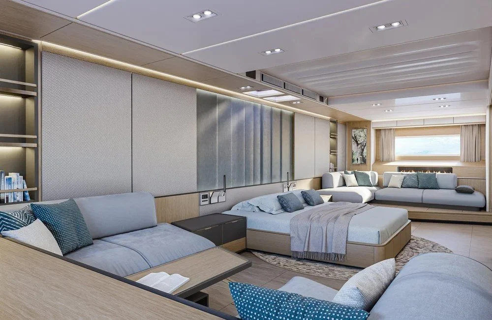Left-side view of the luxury bedroom interior on the 62m Performance Sloop superyacht by Oceanteriors – sophisticated design and refined comfort