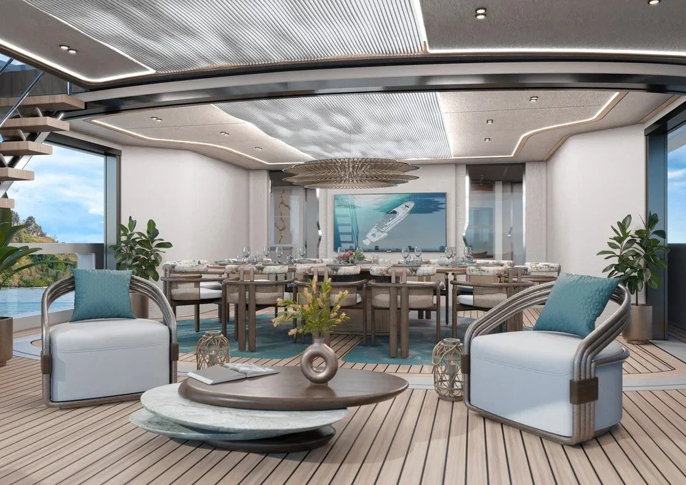 Side view of the elegant luxury dining room on the 43m Bahamas superyacht designed by Oceanteriors – sophisticated ocean-inspired dining experience