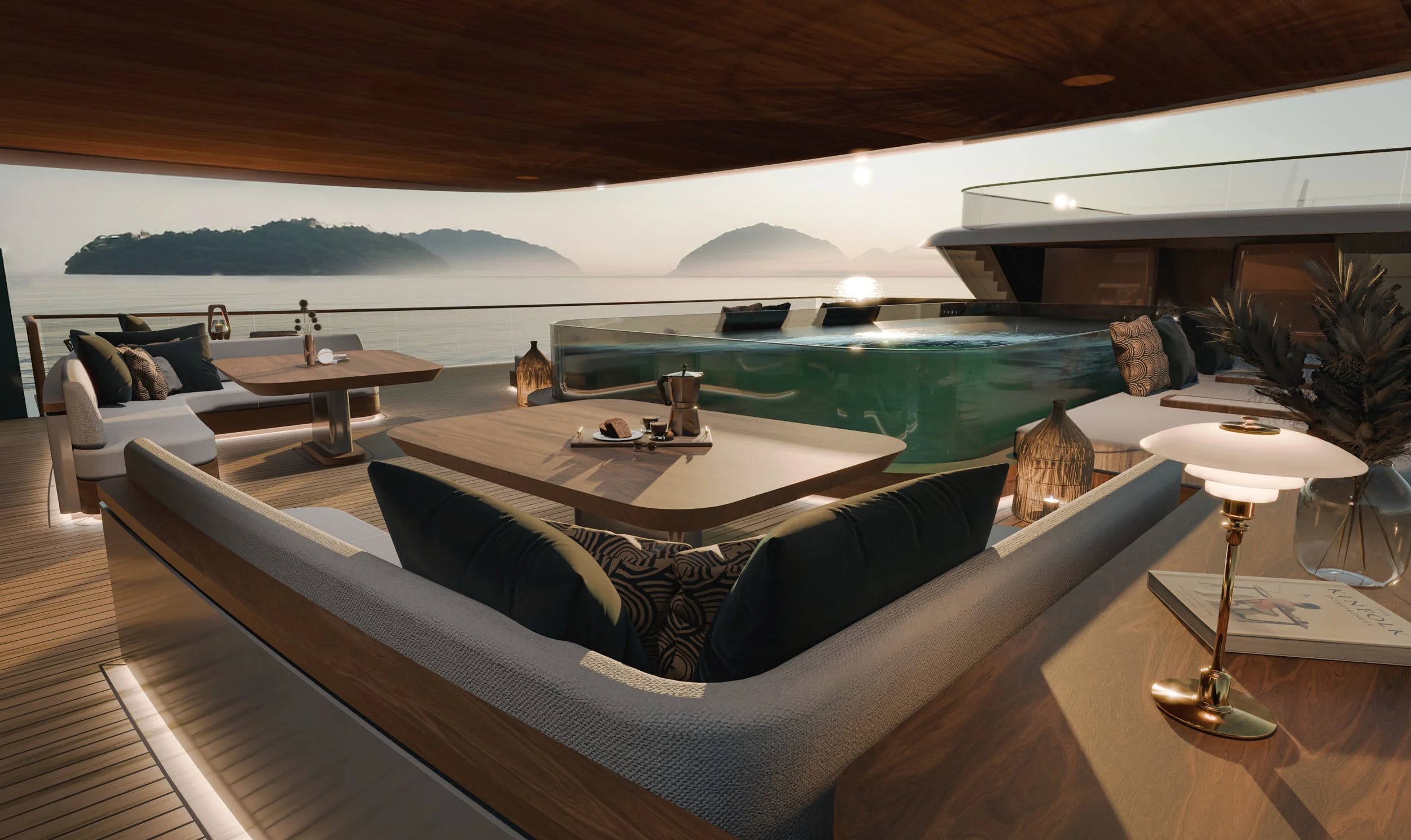 Luxurious pool area on the 80m Oceanco Lassel superyacht by Oceanteriors – elegant ocean-inspired relaxation and leisure