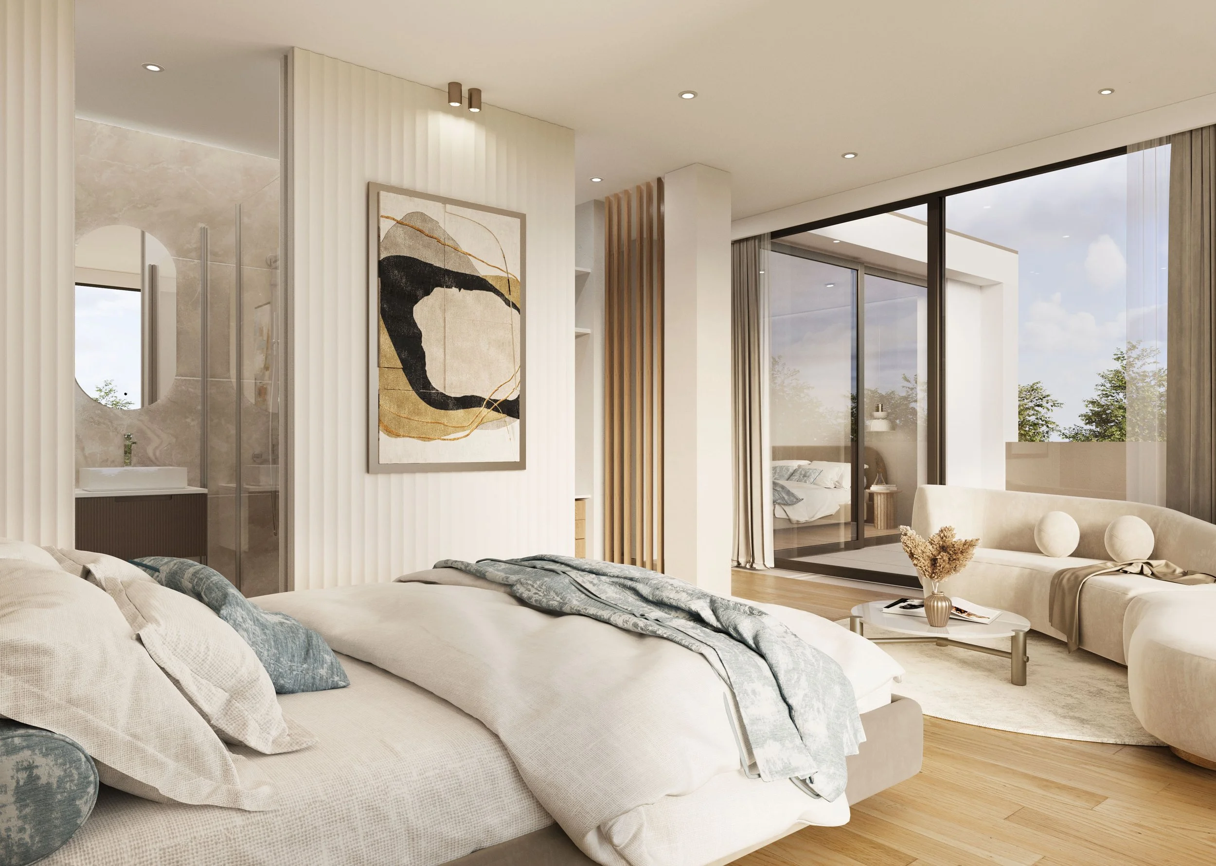 Serene luxury bedroom interior design at Quinta da Bracieira villa in Alcochete by Oceanteriors – ocean-inspired comfort and sophistication