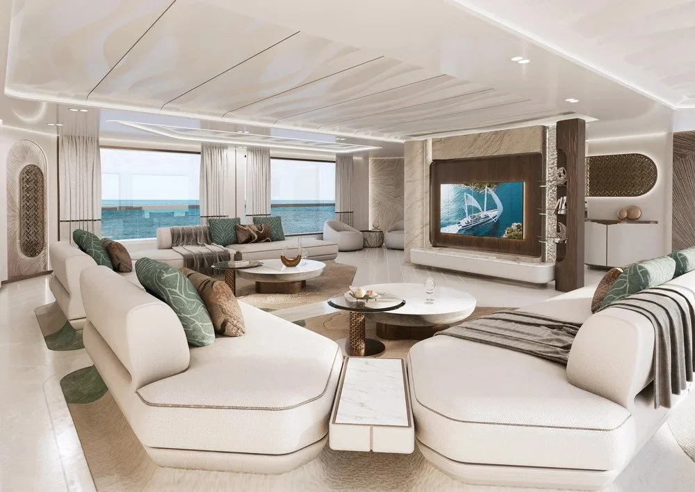 Luxurious living room interior on the 68m Samy superyacht designed by Oceanteriors – timeless ocean-inspired elegance and sophisticated comfort
