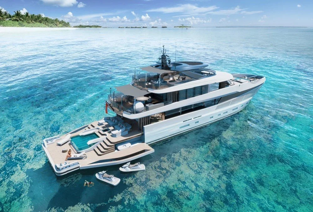 Side interior view of the 43m Bahamas superyacht designed by Oceanteriors – spacious luxury with oceanic inspiration