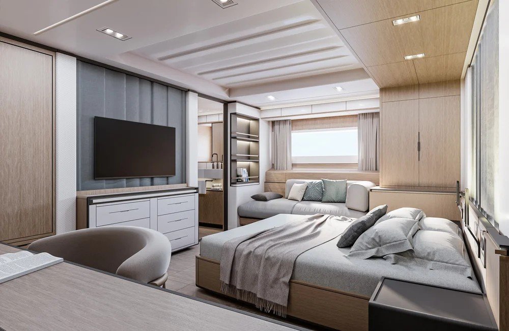 Right-side view of the luxury bedroom interior on the 62m Performance Sloop superyacht by Oceanteriors – elegant ocean-inspired detailing