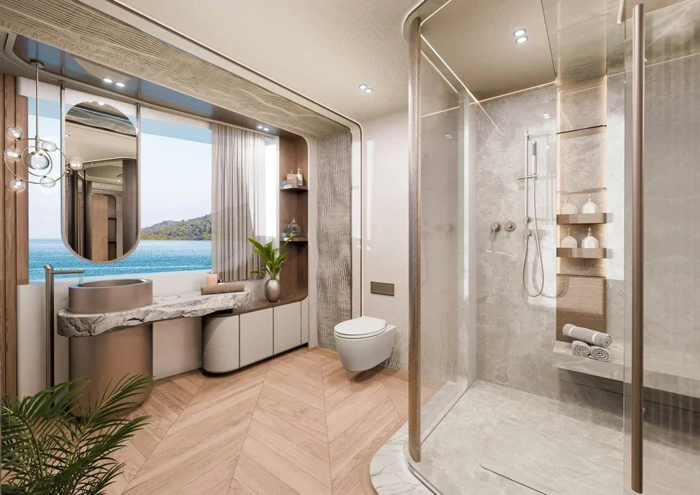 Elegant luxury bathroom interior on the 43m Bahamas superyacht designed by Oceanteriors – refined ocean-inspired detailing and comfort