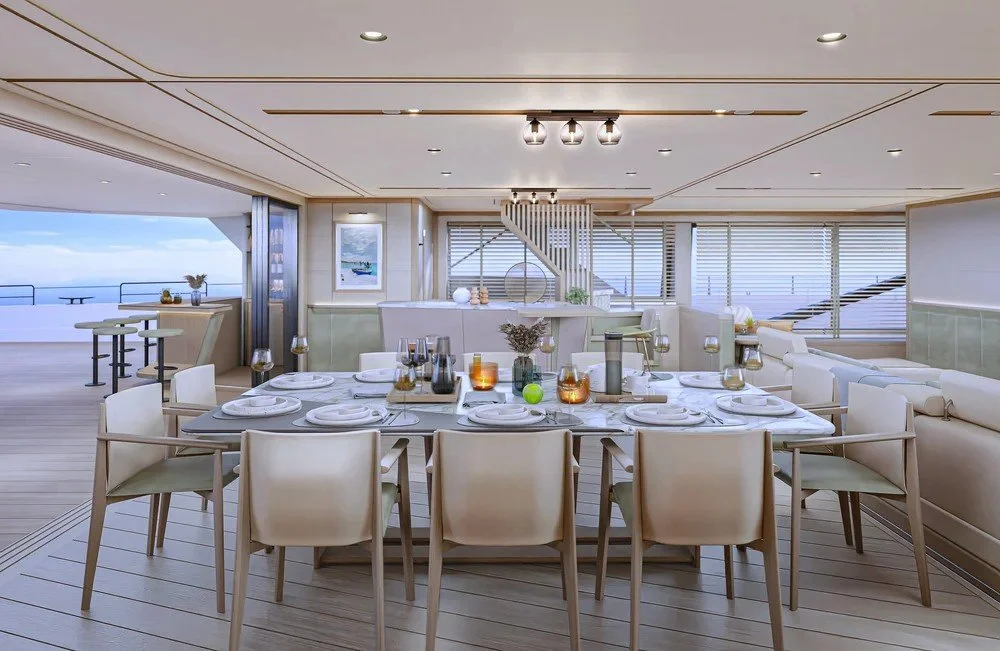 Elegant luxury dining room interior on the 39m Polaris superyacht by Oceanteriors – refined ocean-inspired dining experience with exceptional craftsmanship