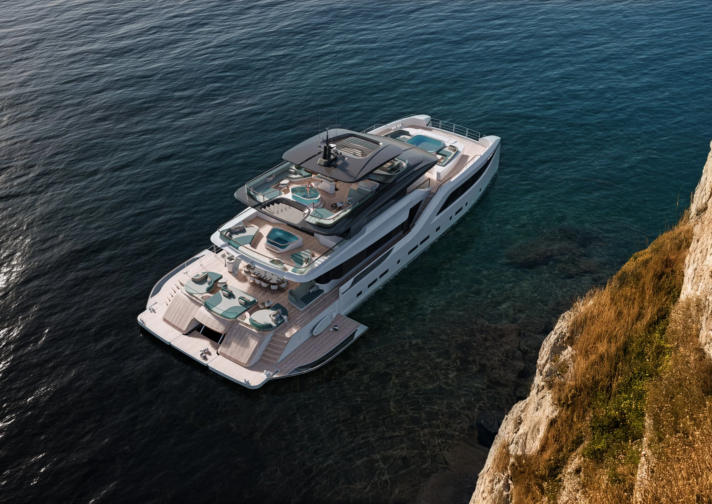 Top deck and luxury exterior view of a 39m Power Cat superyacht designed by Oceanteriors – perfect blend of performance and sophistication