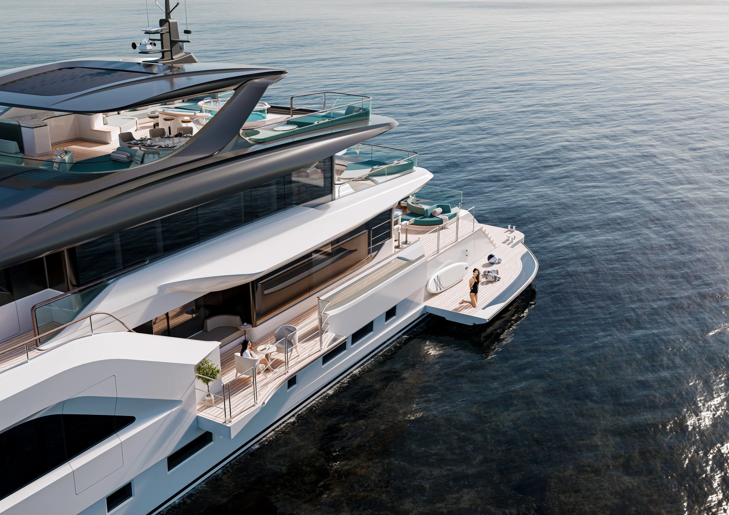 Side exterior view of a 39m Power Cat superyacht by Oceanteriors – showcasing sleek lines and oceanic elegance
