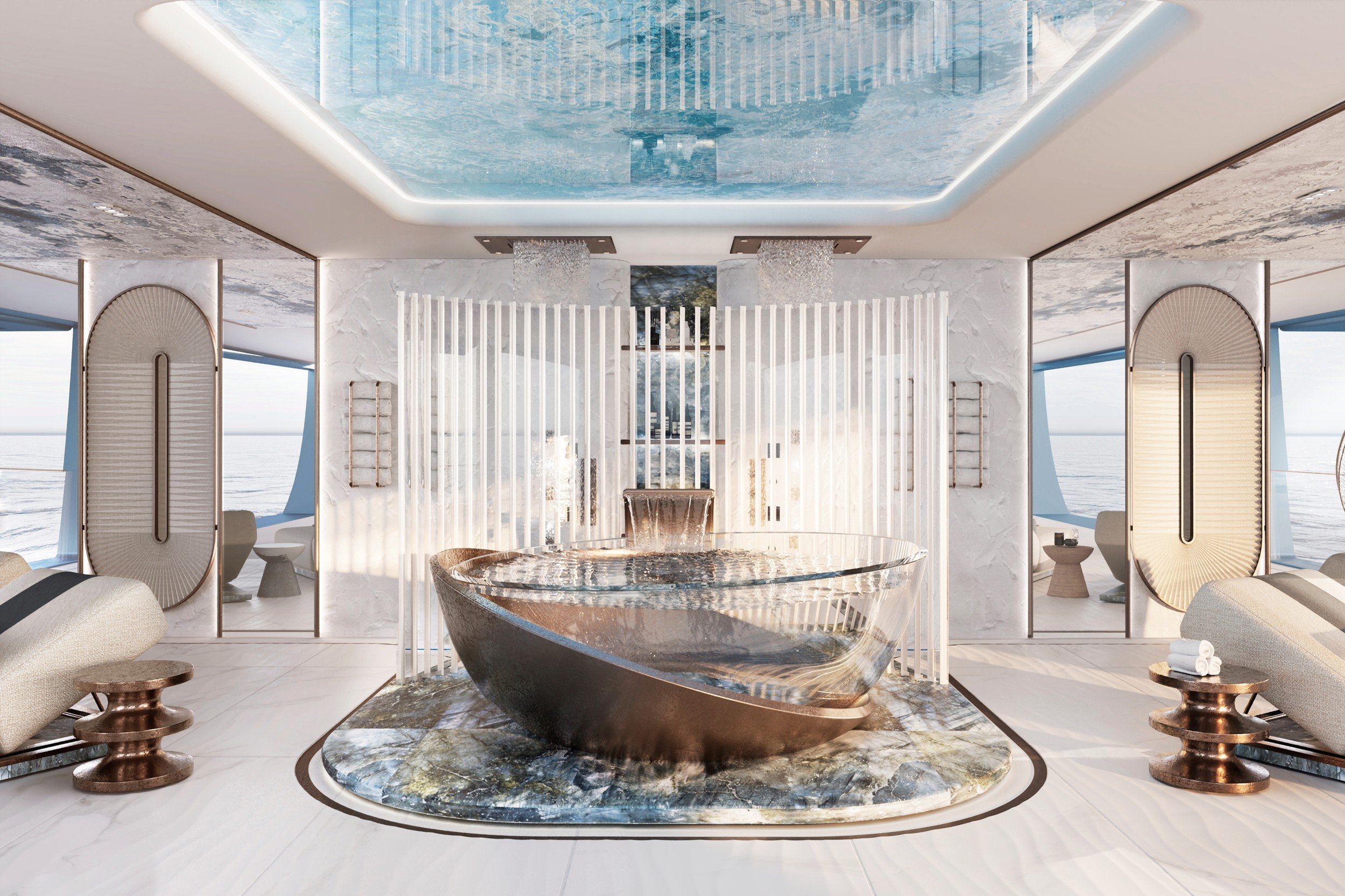 Luxurious bathroom interior on an 80m Oceanco superyacht designed by Oceanteriors – showcasing exceptional craftsmanship and oceanic inspiration