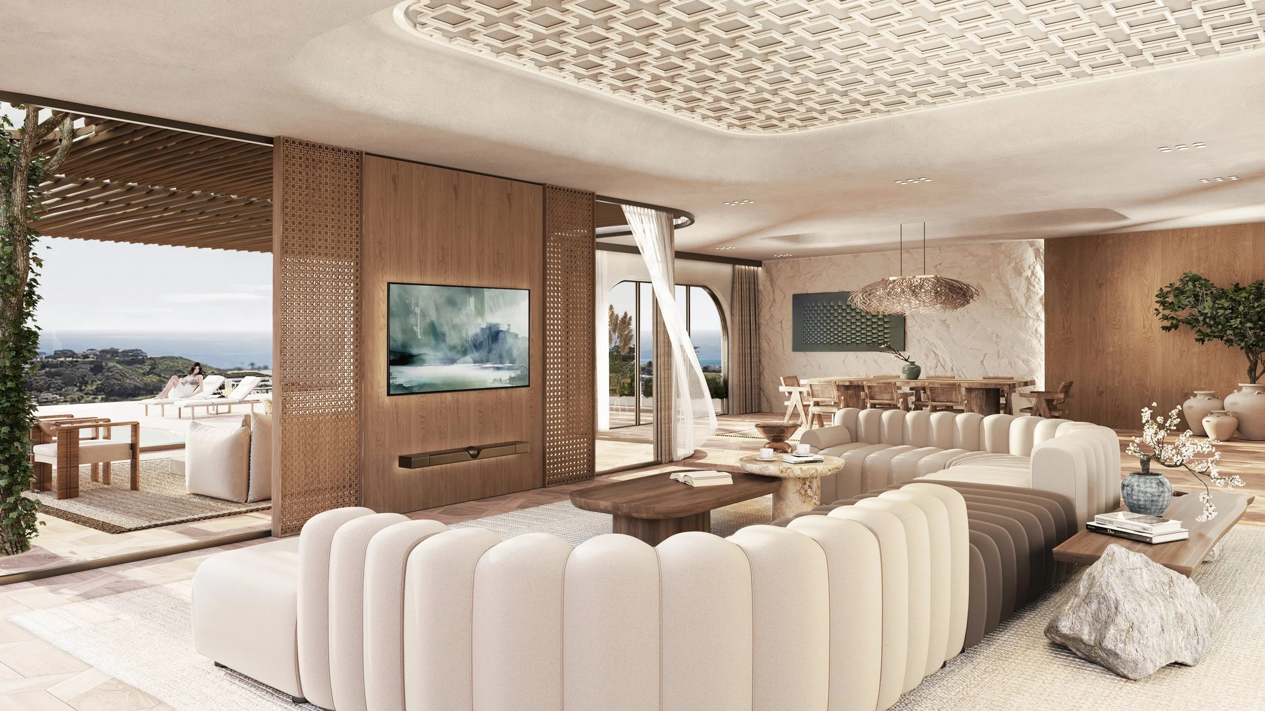 Side view of the luxury living room interior at Alma do Mar villa designed by Oceanteriors – sophisticated ocean-inspired residential space in Cascais