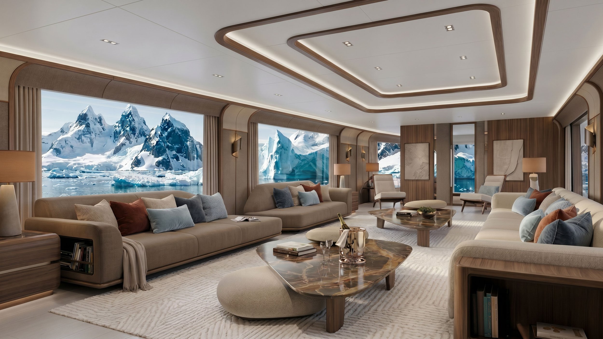 View of the luxury livingroom interior on the 68m Estrela do Mar Expedition superyacht by Oceanteriors – refined detailing and elegant flow