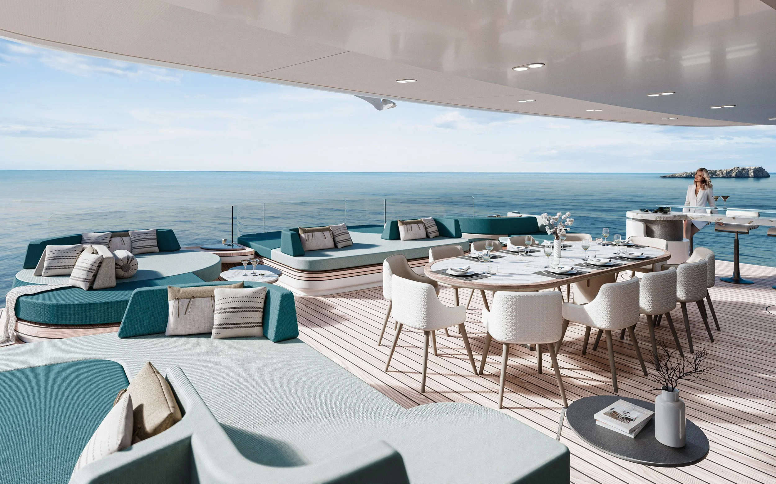Spacious luxury lounge area interior on a 39m Power Cat superyacht designed by Oceanteriors – perfect for elegant living at sea