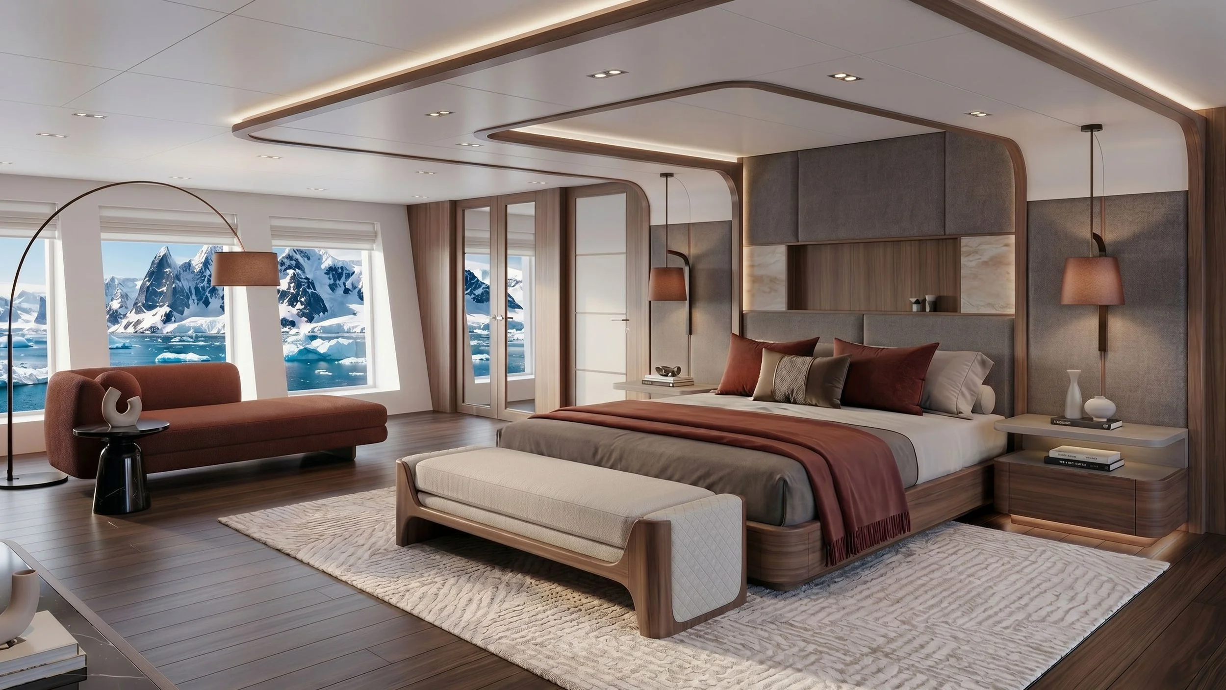 View of the luxury bedroom interior on the 68m Estrela do Mar Expedition superyacht by Oceanteriors – refined detailing and elegant flow