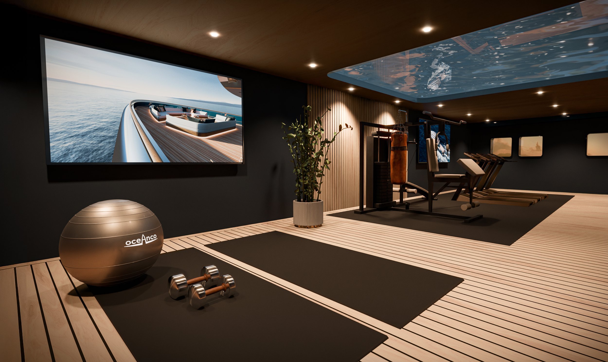 State-of-the-art luxury gym interior on the 80m Oceanco Lassel superyacht by Oceanteriors – wellness-focused design with oceanic inspiration