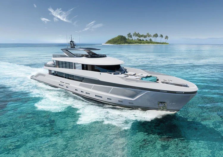 Side interior view of the 43m Bahamas superyacht designed by Oceanteriors – spacious luxury with oceanic inspiration