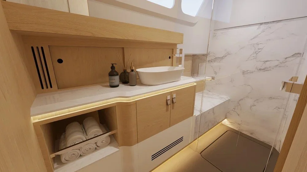 Elegant bathroom on the 14m Level yacht by Oceanteriors – smart space optimization with ocean-inspired elegance