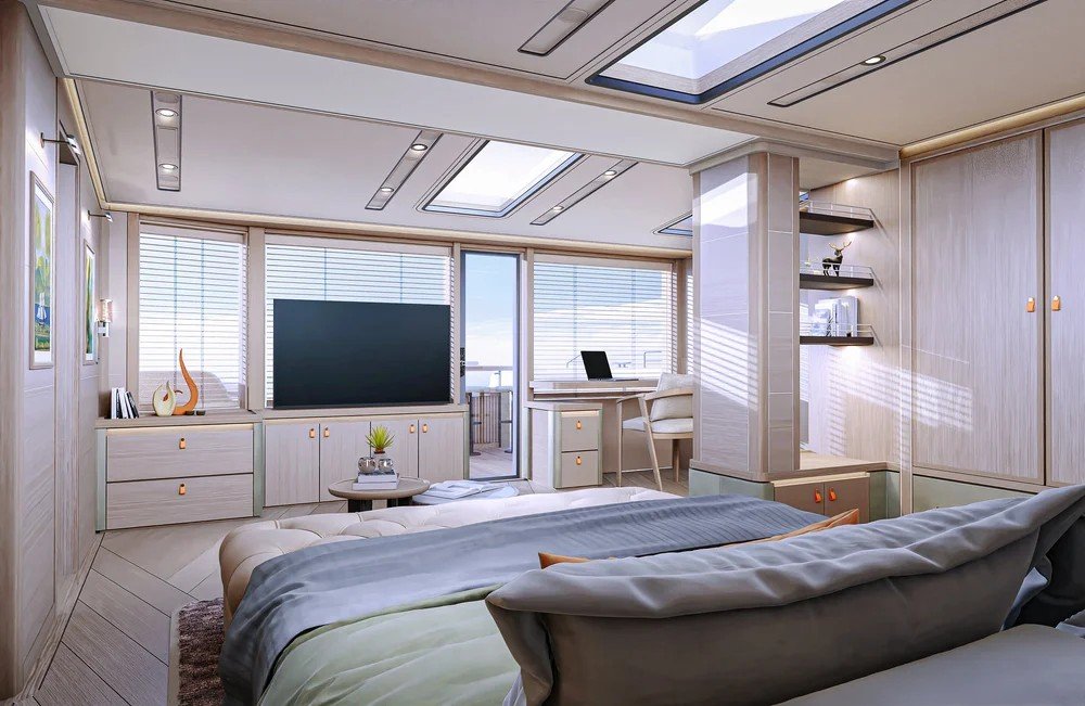Side view of the luxury bedroom interior on the 39m Polaris superyacht by Oceanteriors – refined detailing and elegant spatial flow