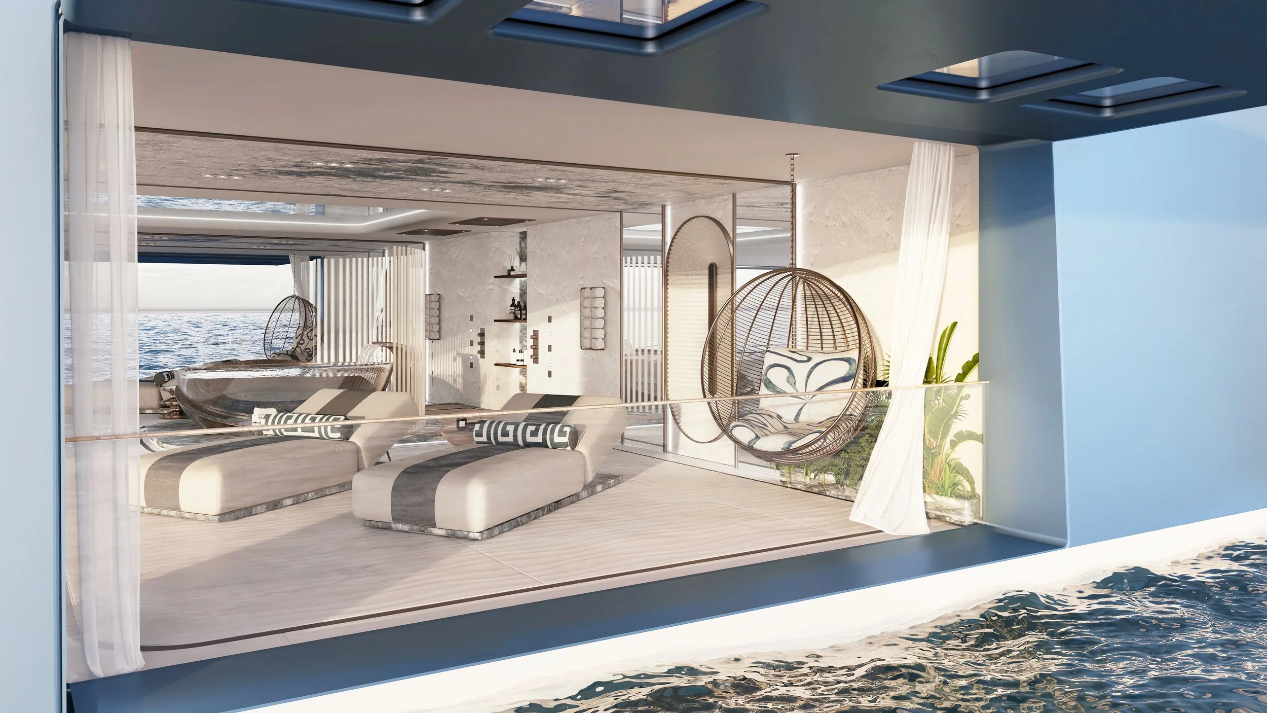 Side view of the luxury spa area on the 80m Oceanco Lassel superyacht designed by Oceanteriors – elegant spatial design and comfort