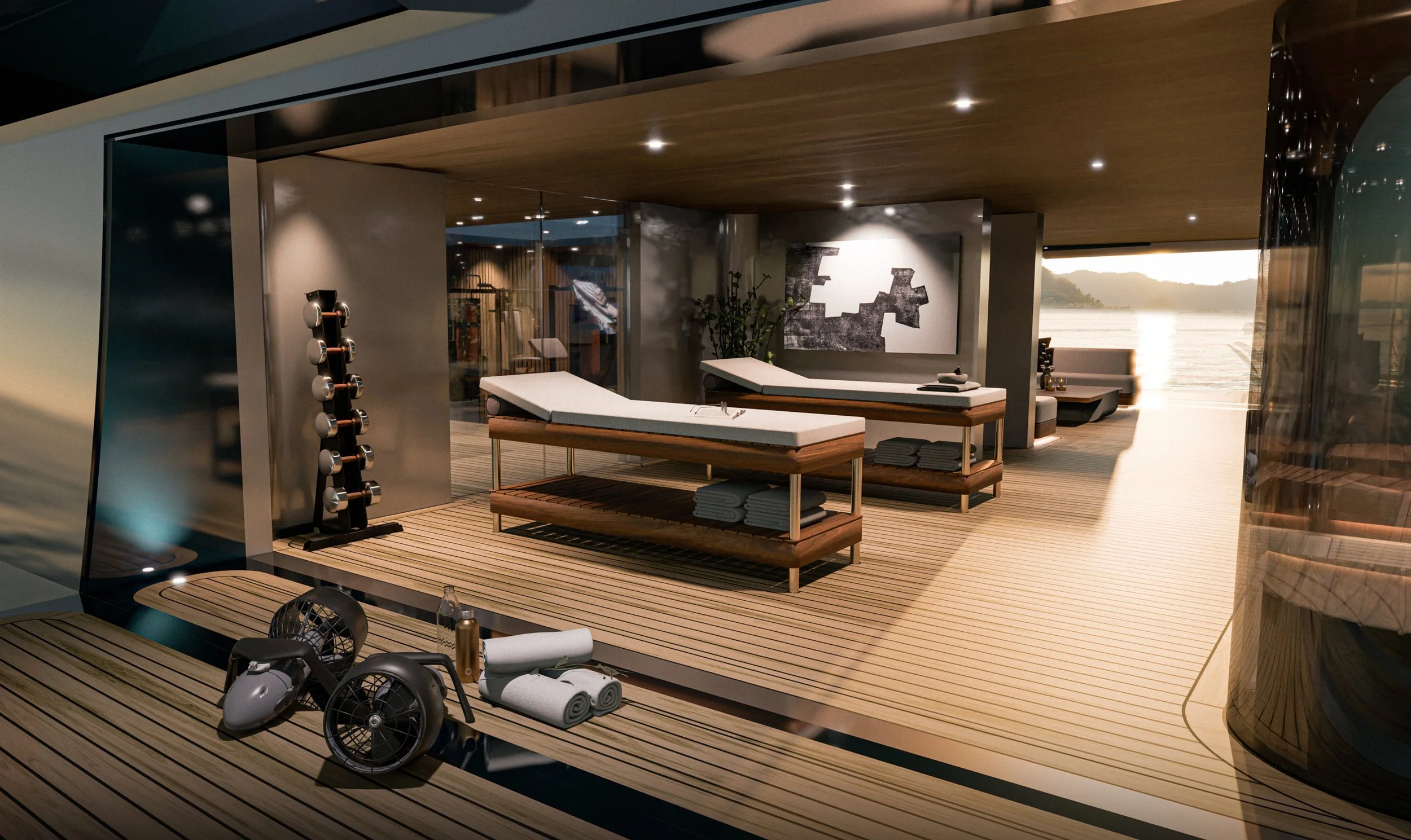 Detailed view of the luxury gym area on the 80m Oceanco Lassel superyacht designed by Oceanteriors – sophisticated wellness space at sea