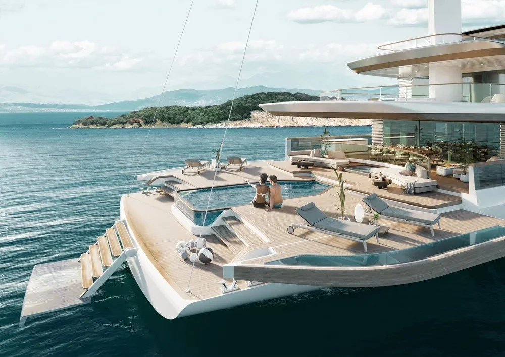 Luxurious aft lounge interior on the 68m Samy superyacht designed by Oceanteriors – sophisticated outdoor-indoor living with stunning ocean views