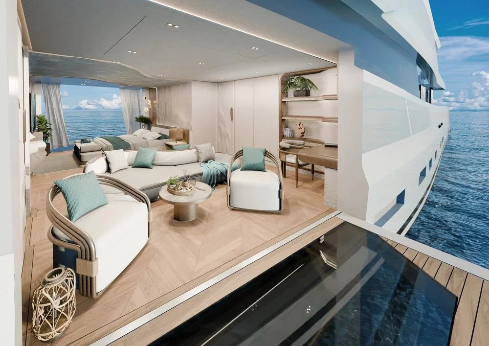 Side view of the luxury bedroom interior on the 43m Bahamas superyacht by Oceanteriors – refined detailing and sophisticated flow