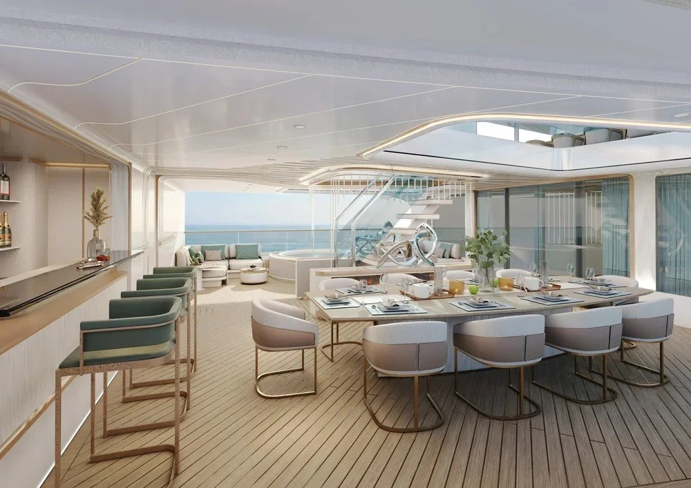 Side view of the luxury dining room on the 68m Samy superyacht designed by Oceanteriors – sophisticated spatial flow and detailing