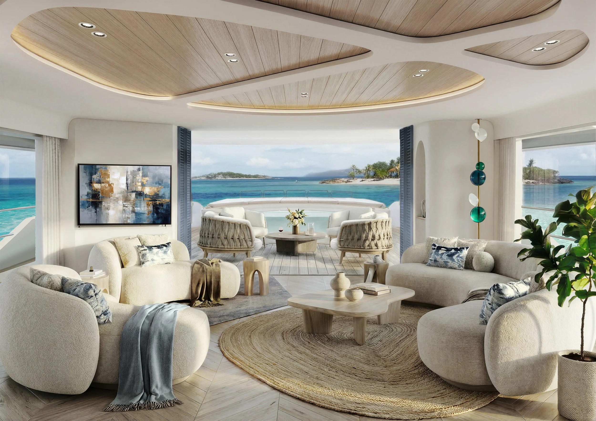 Luxurious interioir of superyacht designed by Oceanteriors – serene ocean-inspired comfort and timeless elegance