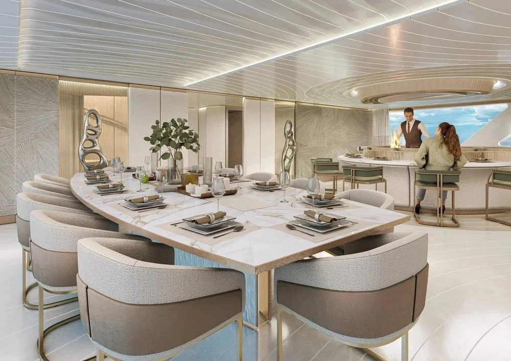 Elegant luxury dining room interior on the 68m Samy superyacht by Oceanteriors – refined ocean-inspired dining experience with exceptional craftsmanship