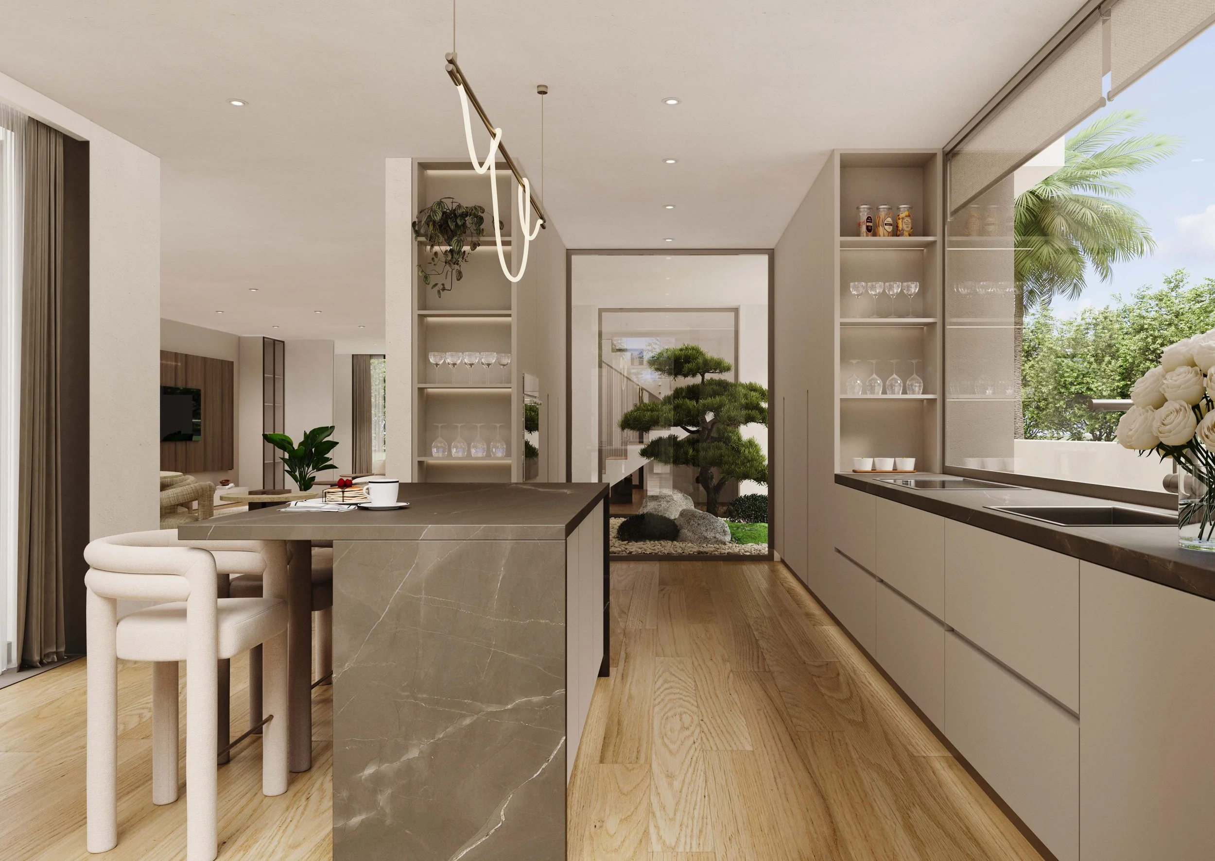 Front view of luxury kitchen interior at Quinta da Bracieira villa in Alcochete designed by Oceanteriors – refined high-end residential detail