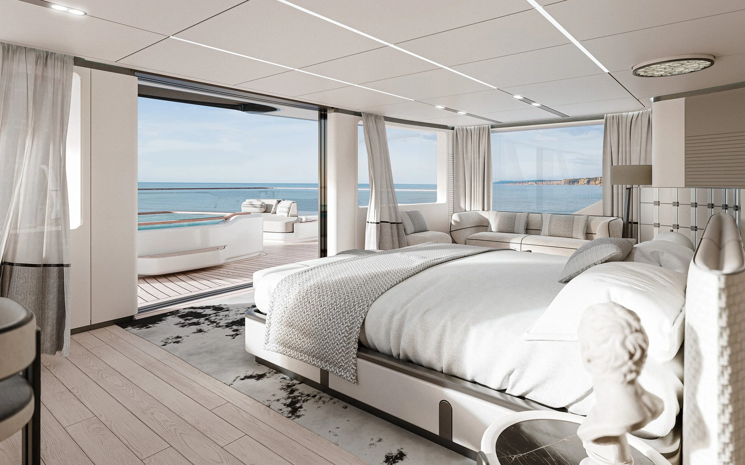 Side view of luxury interior design on a 39m Power Cat superyacht by Oceanteriors – sophisticated spatial flow and detailing