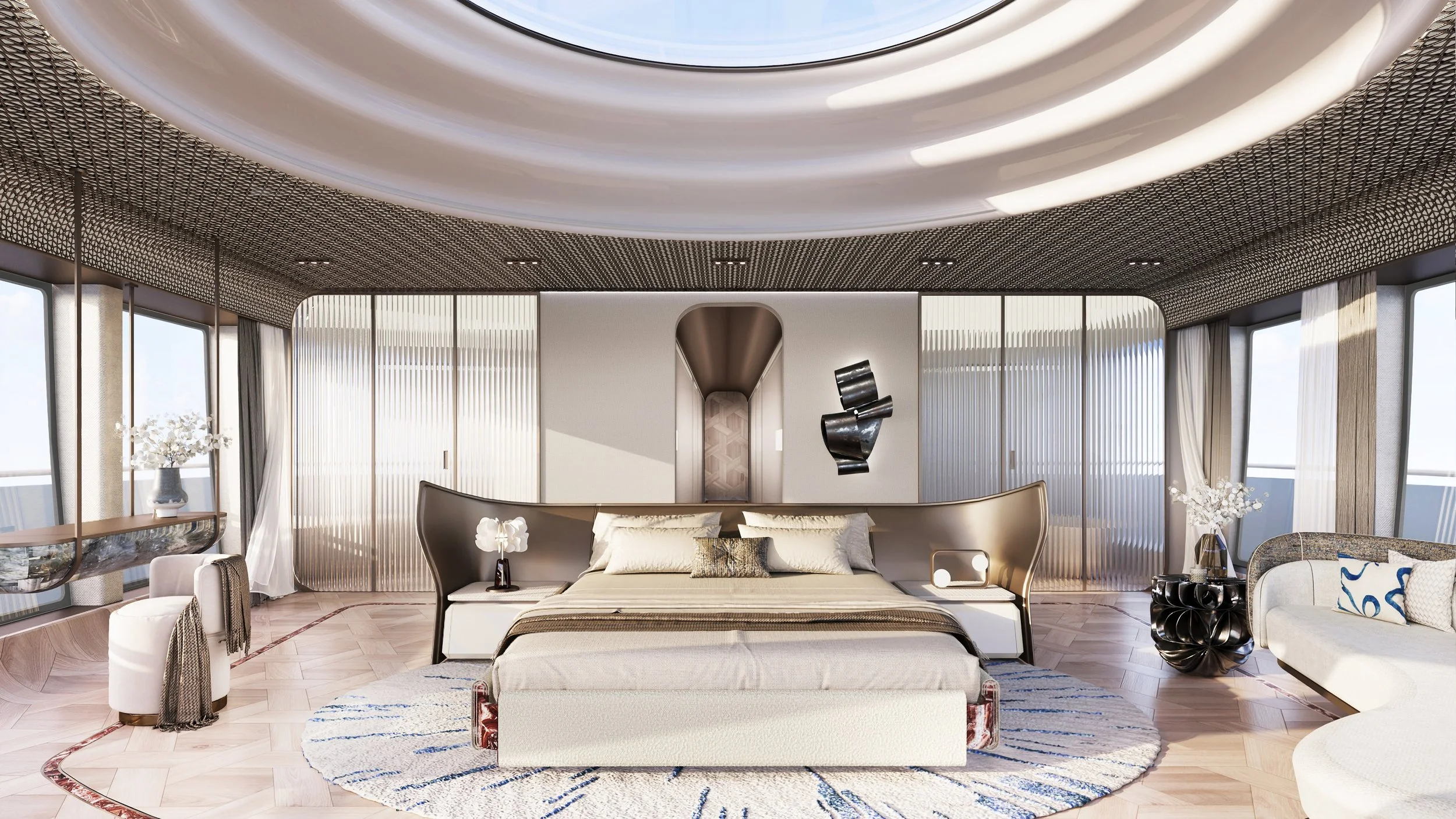 View of the luxury bedroom interior on the 80m Oceanco Lassel superyacht by Oceanteriors – refined detailing and elegant flow