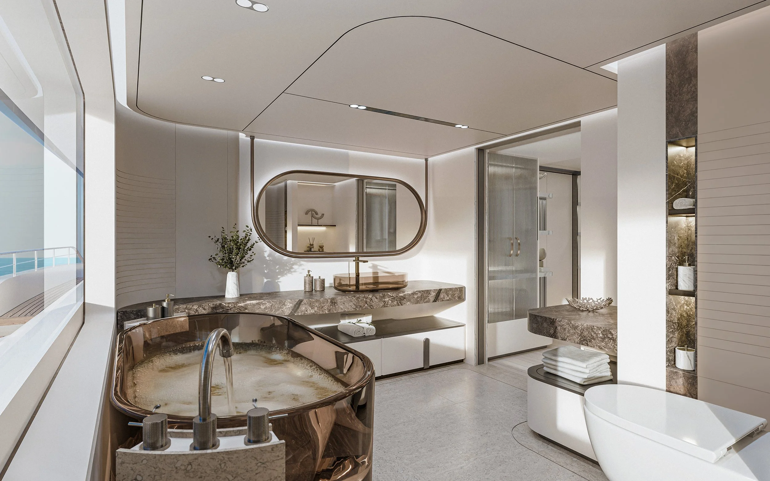 Elegant luxury bathroom interior on a 39m Power Cat superyacht by Oceanteriors – refined craftsmanship and oceanic inspiration