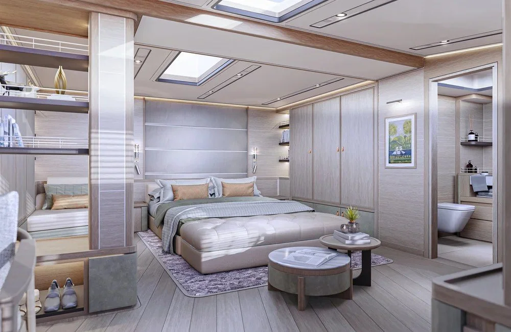 Serene luxury bedroom interior on the 39m Polaris superyacht designed by Oceanteriors – ocean-inspired comfort and timeless sophistication
