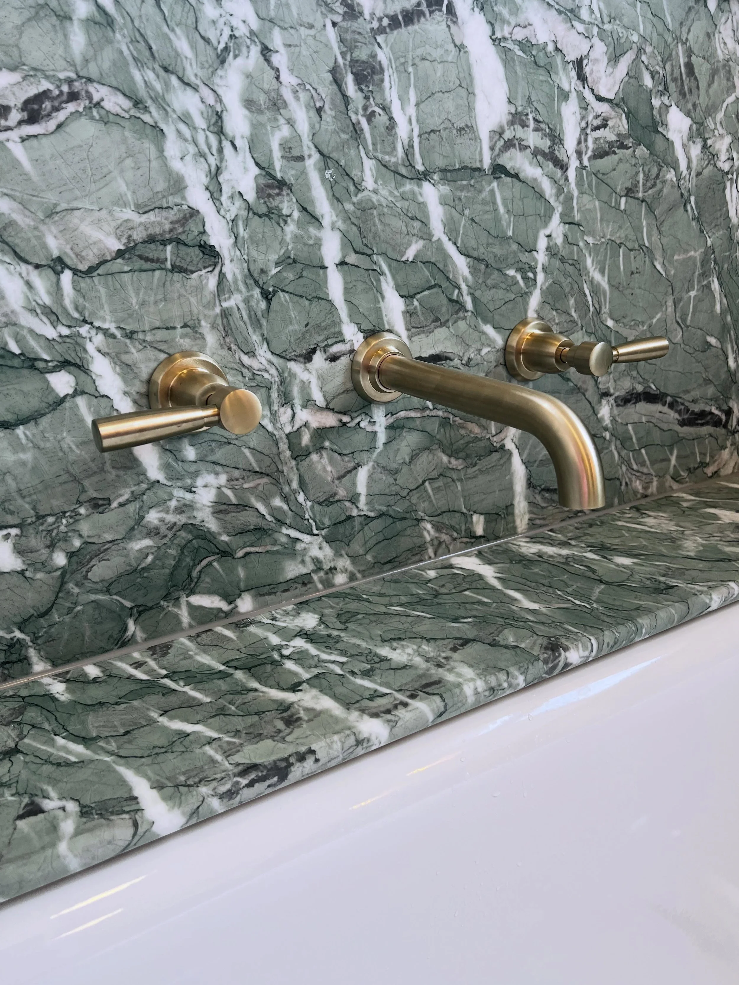 Bathroom sneak peak&hellip;the stone is glorious and embraces the space, complemented beautifully by the taps and tiles.  The enameled steel bath is thermally excellent, robust and a nod to the heritage of this Edwardian/Australian Federation home. M