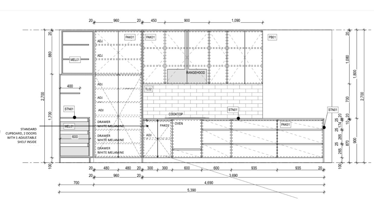 This is a detailed kitchen blueprint with measurements and labels for various cabinetry, appliances, and workspace features.