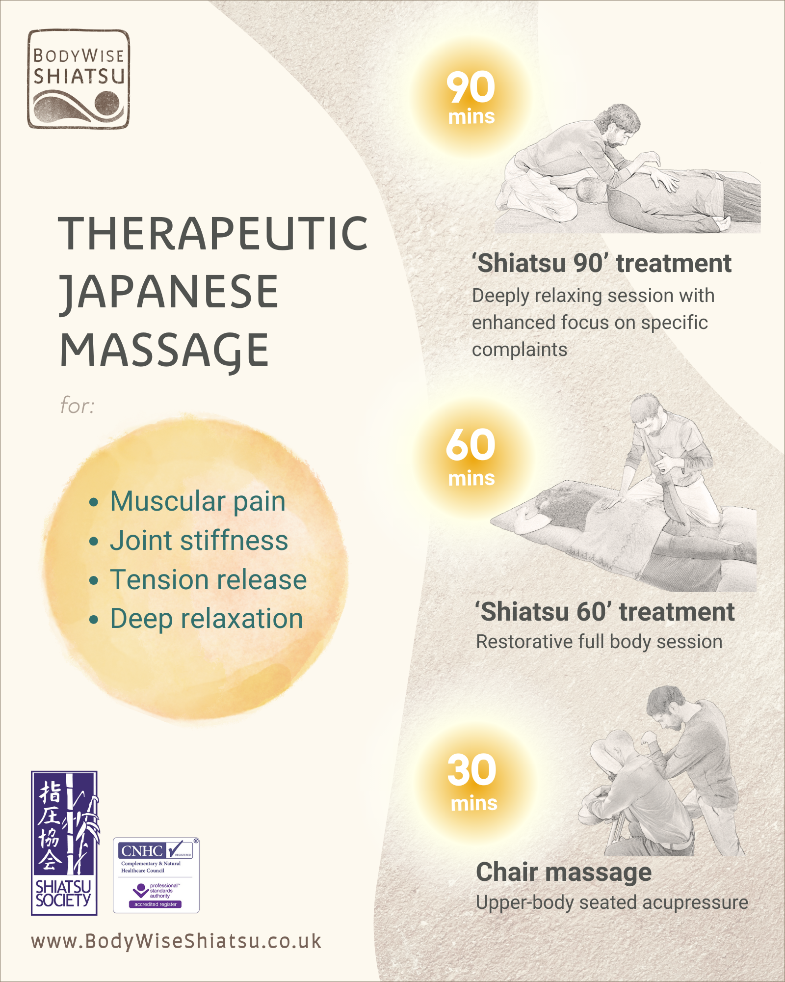 Body Wise Shiatsu festival poster in natural brown towns with hand drawn illustrations of Shiatsu