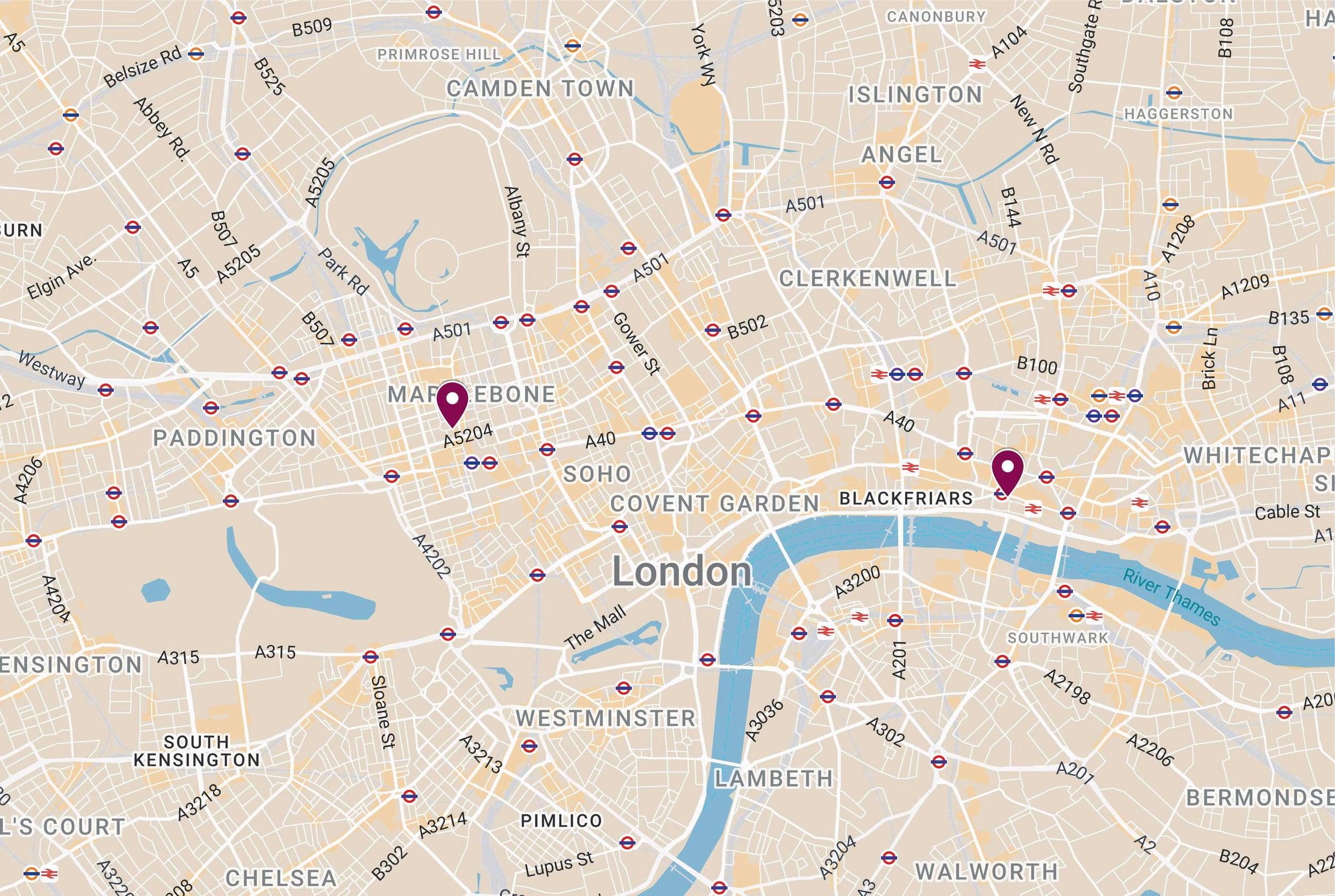 Map of central London showing the locations for Dr Rhona Howitt's private practice in Marylebone W1 & the City EC4, London