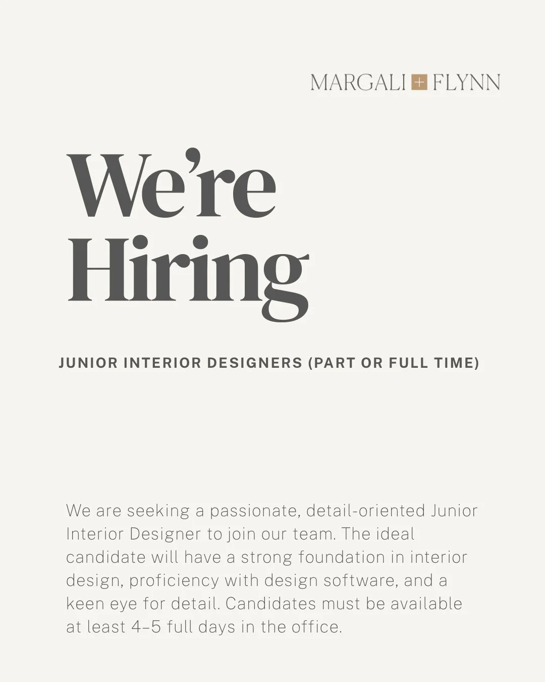We&rsquo;re hiring! ✨
Margali + Flynn Designs is looking for a Junior Interior Designer to join our team in Williston Park. This is a great opportunity for a passionate, detail-oriented designer eager to gain hands-on experience working on beautiful 