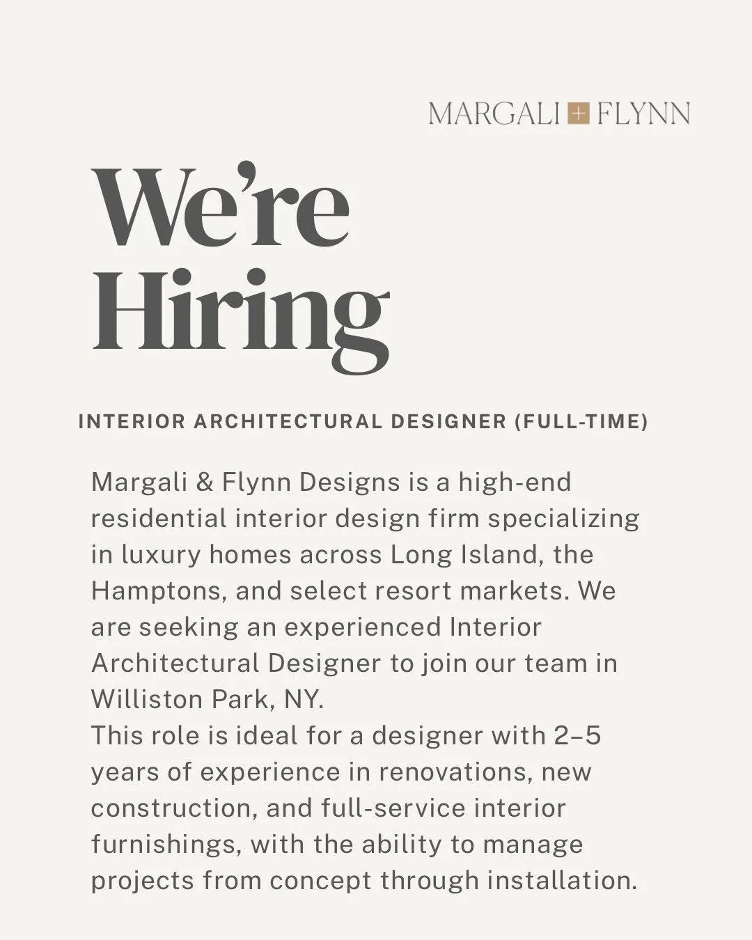 We&rsquo;re hiring!
Margali + Flynn Designs is looking for an experienced Interior Designer to join our team. This is a full-time role for someone who thrives in a fast-paced, full-service environment and is passionate about both the creative and tec